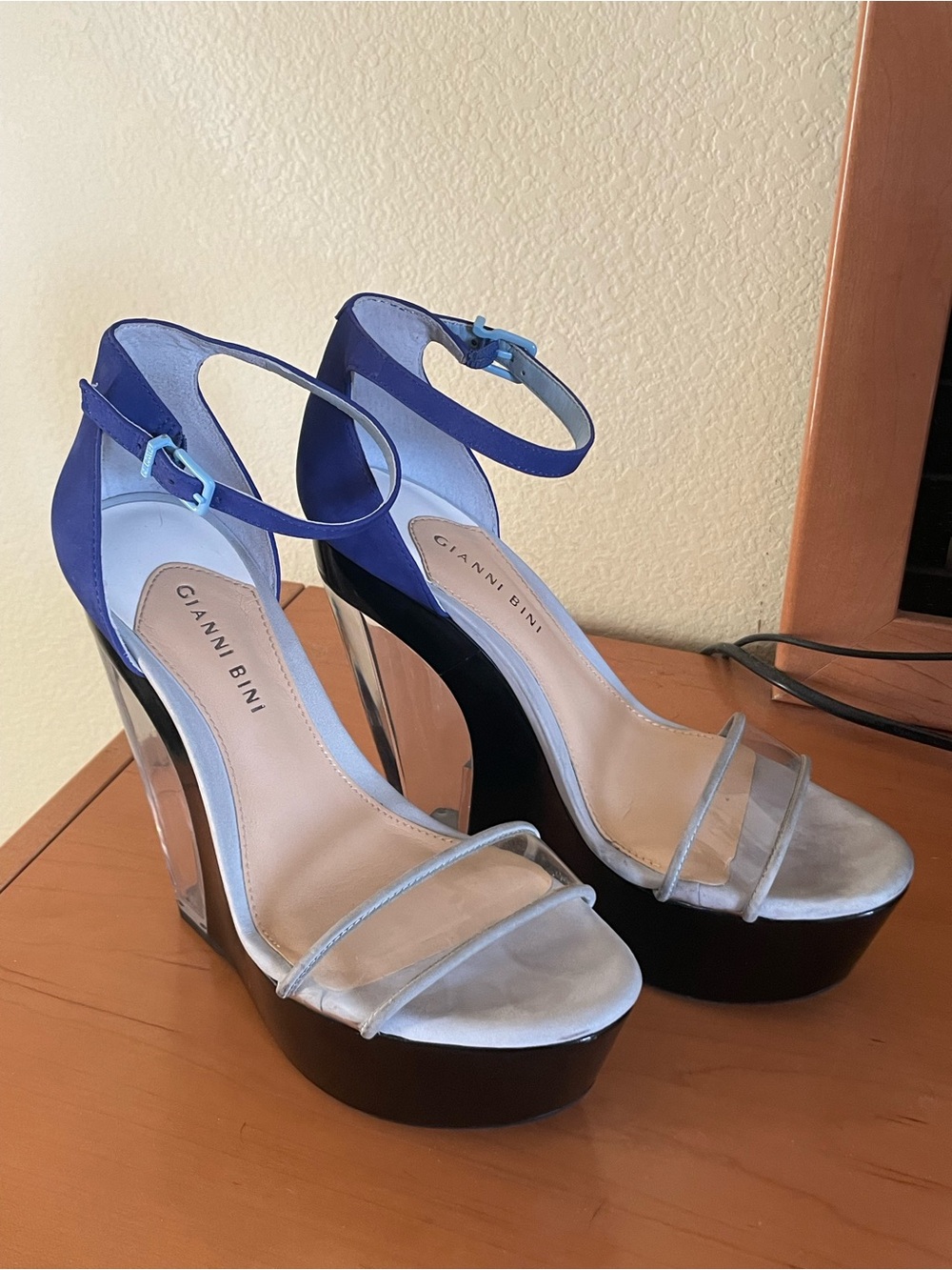 Gianni Bini Blue and Silver Clear-Platform Block Heel Sandals